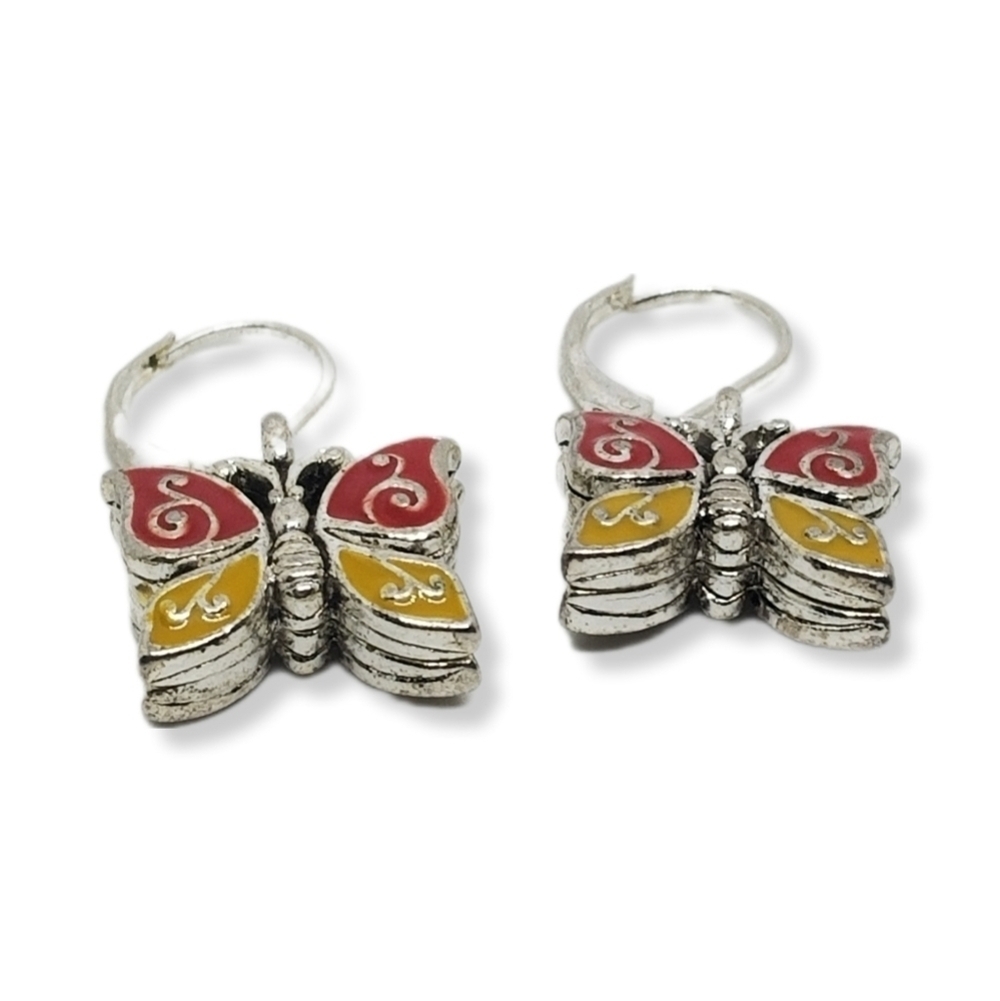 Vintage Enamel Butterfly Dangle Earrings - Silver Tone Red & Yellow - Picture 4 of 6